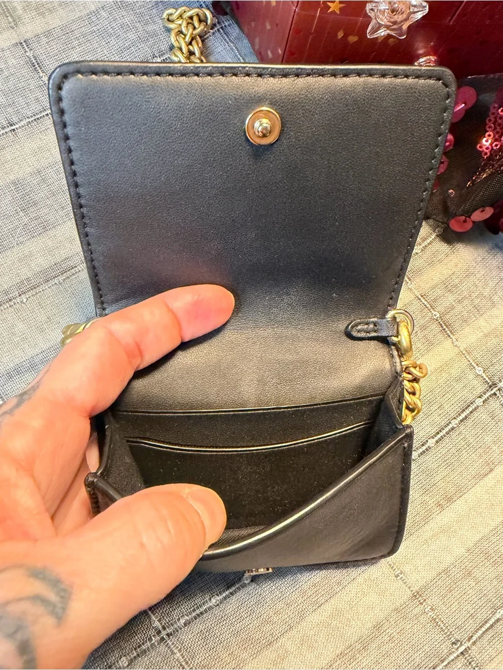 Coach Mini Wallet/Shoulder Sig C Legacy Stripe Print w/Coach Gold Chain Strap
